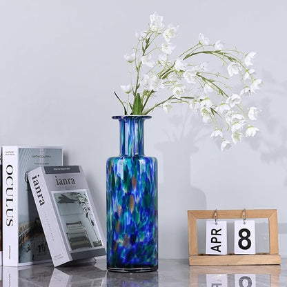 13" H Hand-Blown Glass Vase, Modern Art Glass Cylinder Vase, Green Glass Decorative Vase for Living Room Dining Table centerpieces, TV Console, Office, and Console Decor.