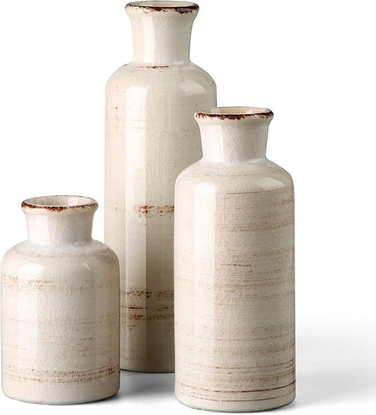 CwlwGO-Small White Ceramic Vase Set,Rustic Flower Vases for Home Décor,Flower Vase,Farmhouse Country Décor,Living Room Centerpiece Table Decorations,Shelf & Mantel Decor.