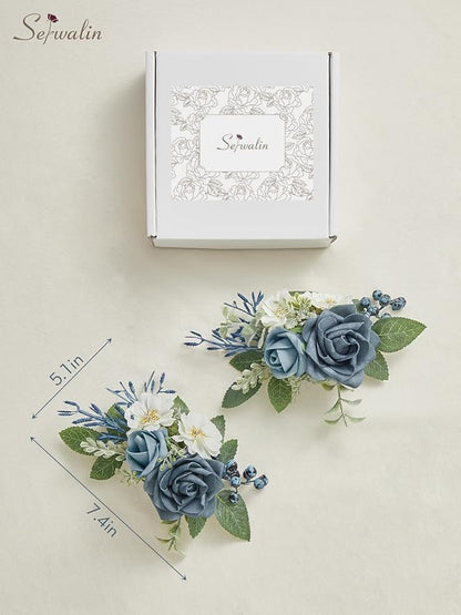 Serwalin 𝗦𝗲𝘁 𝗼𝗳 𝟮 Boutonniere for Men 𝟲-𝟳 𝗜𝗻𝗰𝗵 Corsage with Pins,Groom and Best Man Boutonnieres for Wedding Prom Ceremony Anniversary and Party Cake Topper(Dusty Blue)