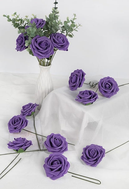 Purple Roses 50PCS Artificial Foam Flowers with Stems Fake Roses Real Looking Purple Flowers for Bridal Shower Centerpieces Wedding Bouquet Table Decorations for Party (Purple)