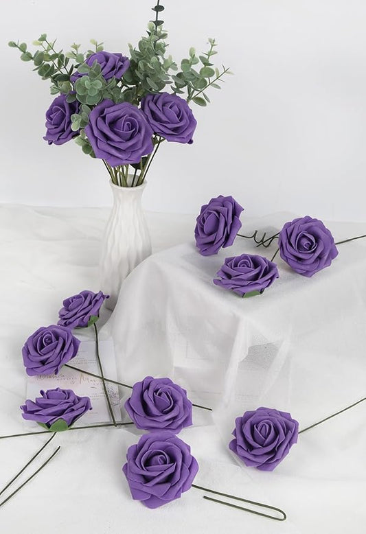 Purple Roses 50PCS Artificial Foam Flowers with Stems Fake Roses Real Looking Purple Flowers for Bridal Shower Centerpieces Wedding Bouquet Table Decorations for Party (Purple)
