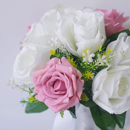 Wedding Bouquets for Bride - Realistic Silk Flowers Artificial Roses, 8 Inch Bridesmaid Bouquet for Ceremony, Church, Anniversary, and Home Decoration (White & Pink)