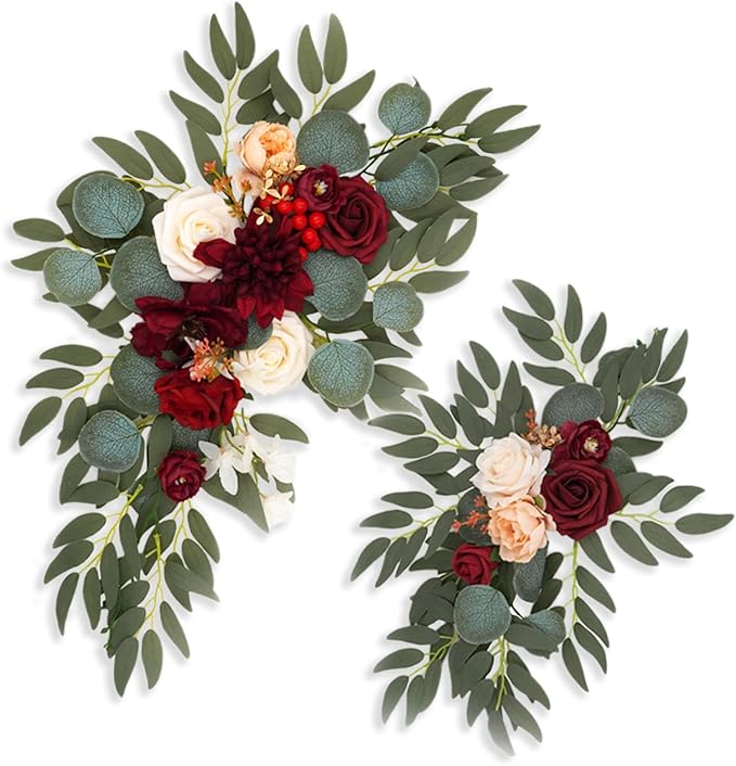 Burgundy Wedding Arch Flowers, Faux Flower Swag Set of 2, Red Floral Swag for Wedding Arch Welcome Signs, Reception Ceremony Signs Decor