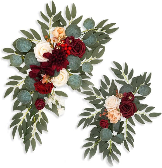 Burgundy Wedding Arch Flowers, Faux Flower Swag Set of 2, Red Floral Swag for Wedding Arch Welcome Signs, Reception Ceremony Signs Decor