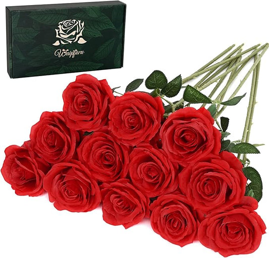 Waipfaru 12 Pcs Artificial Flowers Fake Silk Roses, Faux Real Touch Roses Bouquet with Long Stem for Wedding Party Home Decor (Red)