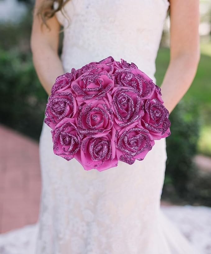 100pcs Glitter Roses - Hot Pink 2.56" Foam Flower Bundle - Artificial Roses for Wedding & Event Decor
