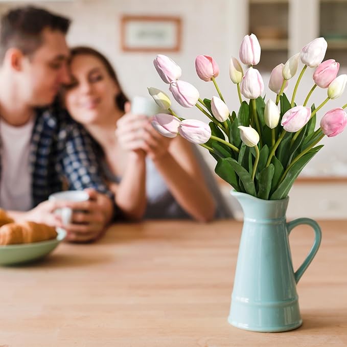 Real Touch Artificial Tulips, 20pcs Fake Tulip Flower Stem, PU Faux Tulip 19.7” for Mother's Day Easter Valentine's Gift, Home Decor Wedding, Table Centerpiece, Floral Arrangement, Light Pink