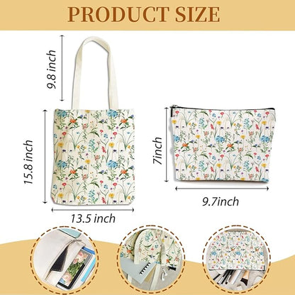 Flower Plant Lover Gifts for Women Canvas Tote Bag with Makeup Bag Cosmetic Bags Grocery Bags for Shopping Christmas