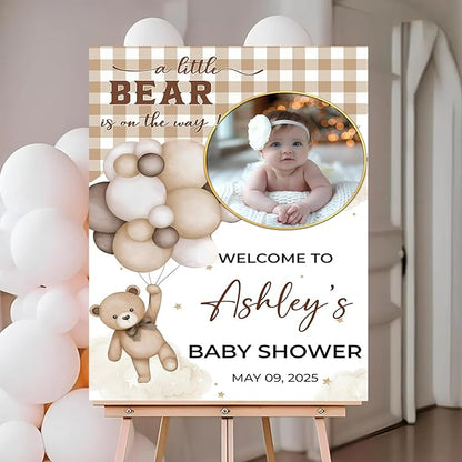 Personalized Baby Shower Welcome Sign For Outdoor, Custom Bear And Balloon Baby Shower Yard Sign With Photo, A Little Bear Is On The Way Sign, Moon Star Decorations Theme