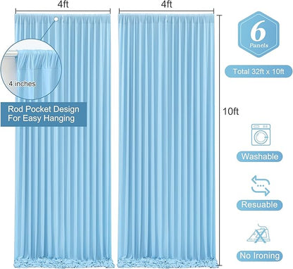 Blue Backdrop Curtains 6 Panels - Wrinkle-Free Light Blue Curtains Polyester Photography Drapes Photo Background for Baby Shower Birthday Party Decorations- 24 X10FT (Blue)