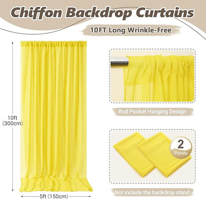 10ft x 10ft Yellow Backdrop Curtain Drapes, Wrinkle-Free Sheer Chiffon Fabric Photo Backgroud Panels for Wedding Arch Party Ceremony Stage Photography Decoration