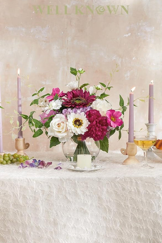 Artificial Flowers Centerpieces in Glass Vase with Fake Water, Silk White Rose Sunflowers Peony Bouquet with Vase for Birthday Party Wedding Dinning Table Office Hotel Decor (Fuchsia Mixed Plus)
