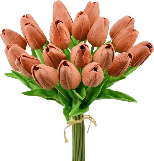 Mandy's Artificial Tulips 20 Stems Dark Orange PU Faux Flowers for Thanksgiving and Christmas Decorations Wedding Home Decor 13.5 Inch