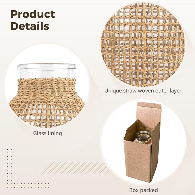 Rattan Glass Vase, 8 in Woven Vase, Glass Vase Wrapped with Wicker, Indoor and Outdoor Use, Rustic Style, Ideal for Home Decor
