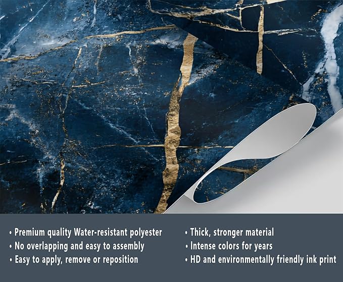 Blue Marble Wall Mural, Gold Vein Marble 3D Wall Murals, Luxury Navy Stone Wallpaper Mural, for Living Room Bedroom Large Wallpaper Indoor Decor 78.7" W x55.1 H
