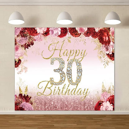 10x8ft Happy 30th Birthday Backdrop Pink Red Rose Flower Bush Garden Birthday Photography Background Floral Themed Women 30th Birthday Party Decoration