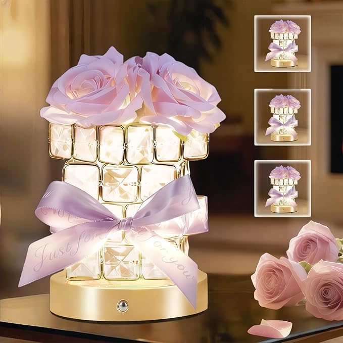 Christmas Gifts for Woman, Touch Crystal Rose Lamp, Elegant Flower lamps, Purple Roses Crystal Lights Base, Purple Nightlight, Gifts for Her, Mom, Wife, Girlfriend, Valentines, Birthday Gifts