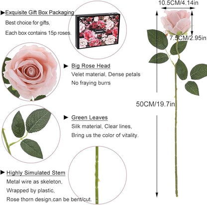 15Pcs Pink Roses Artificial Flowers Fake Roses Long Stem Velet Rose Silk Flowers for Home Wedding Decoration (Round Roses,Pale Pink)
