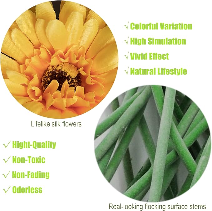 12pcs Artificial Gerbera Daisies,22 Inch Long Stem Silk Daisy Flowers,Realistic Artificial Flower Mums for Home Décor Centerpiece Wreath Supplies Wedding Bouquet,Yellow
