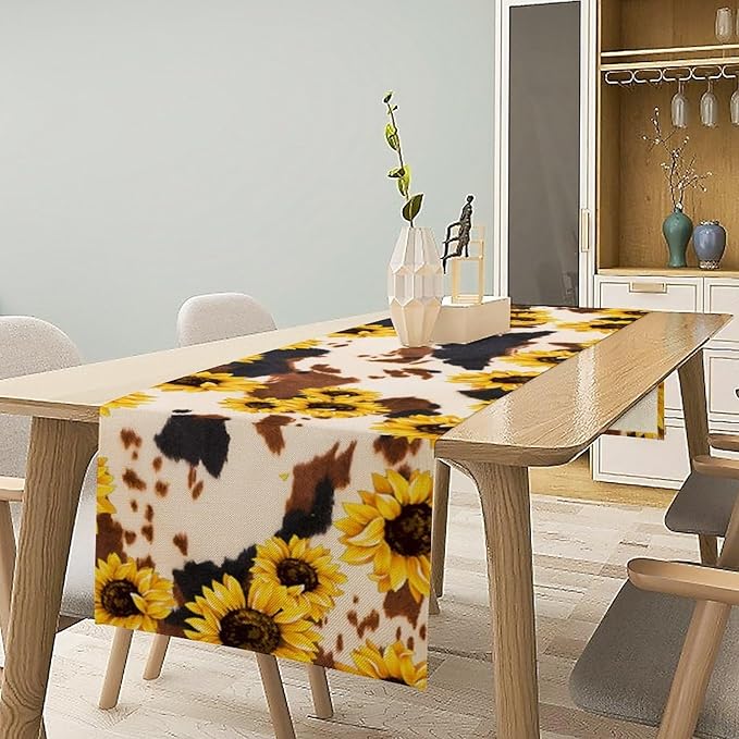 Cow Skin Print Table Runner, Vintage Sunflower Cottage Country Farm Animal Fur Skin Western Style Brown Cowhide Print Dinner Runner for Home Kitchen Dining Table 13x108in