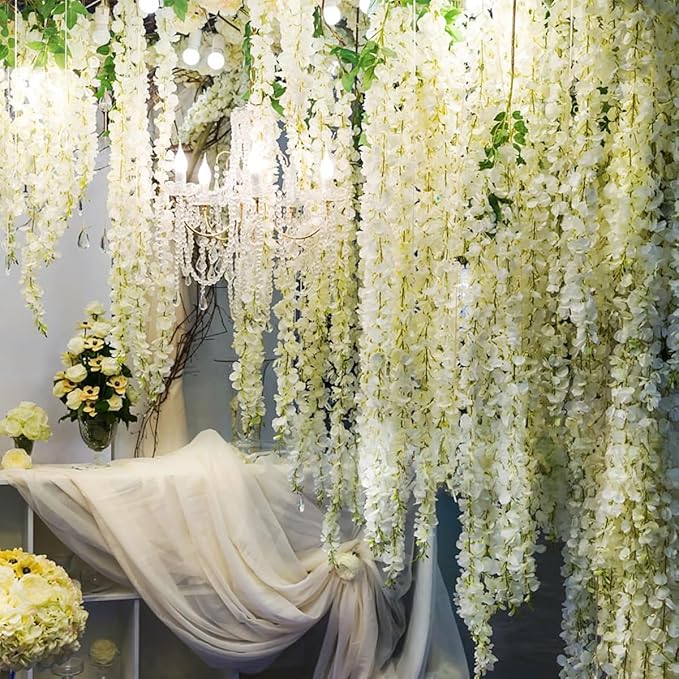 Artificial Wisteria Hanging Flowers Fake Wisteria Flower Garland Silk Vines Rattan Decor for Home Wedding Arch Wall Garden Greenery Bedroom Outdoor Office Party Decoration (12, White)