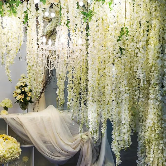 Artificial Wisteria Hanging Flowers Fake Wisteria Flower Garland Silk Vines Rattan Decor for Home Wedding Arch Wall Garden Greenery Bedroom Outdoor Office Party Decoration (24, White)