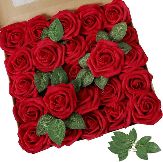 AmyHomie Artificial Flowers Dark Red Rose 50pcs Real Looking Fake Roses w/Stem for DIY Wedding Bouquets Centerpieces Arrangements Party Baby Shower Valentines Day Christmas Tree Decorations