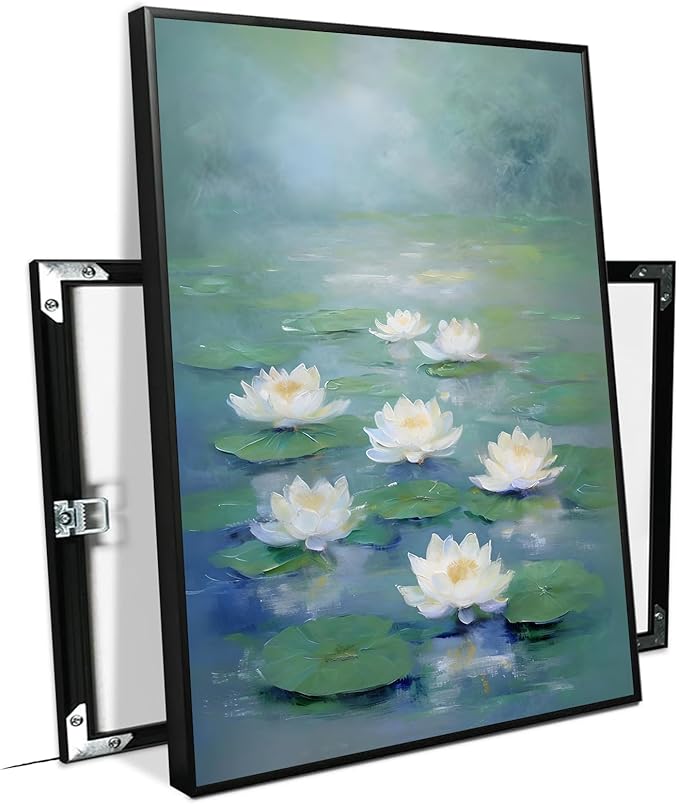 Zen wall art Delicate white lotus flower floating on calm water Vintage oil painting print Serene aquatic wall art creates a tranquil home decor 8x12in Metal blackFramed