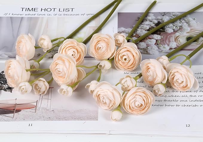 IPOPU Ranunculus Artificial Flowers 2 Bouquets Mini Cream Fake Flowers 12PCS Small Faux Ranunculus Decorative Flowers for DIY Wedding Bouquet Bridal Shower Filler Flowers Decorations (Cream)