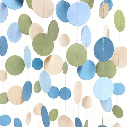 Dusty Blue and Sage Green Beige Polka Dot Garland Olive Green Dusty Blue Cream Nude Hanging Paper Circle Dots Streamer for Birthday Baby Shower Wedding One Silly Goose Theme Party Decorations Supplies