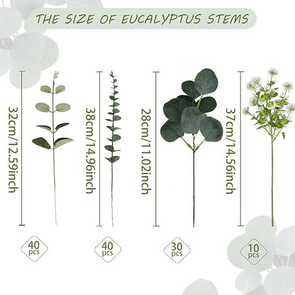 Artificial Eucalyptus Leaves Stems 120 Pcs 4 Kinds Mixed Fake Silver Dollar Eucalyptus Leaves Stem with Dandelion Bulk Faux Leaf for DIY Bouquets Floral Arrangement Wedding Home Decor