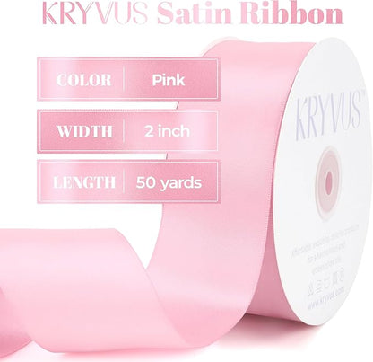 Pink Satin Ribbon, Double Faced 2 Inch X 50 Yards Pink Ribbon, Premium Satin Ribbon for Gift Wrapping, Crafts, Hair Bow Making, Sewing, Flower Bouquet, Wedding Party Decor