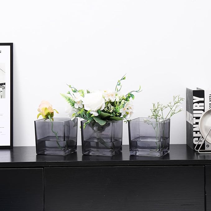 Square Glass Vases Set of 4, 4"x 4"x 4" Flower Vases for Centerpieces, Grey Glass Vase for Flowers, Small Vase for Wedding, Party, Home Office Decoration
