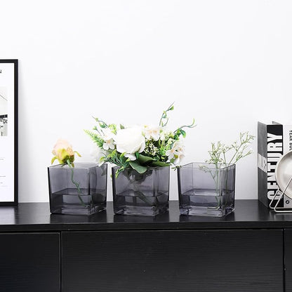 Square Glass Vases Set of 9, 5" x 5" x 5" Grey Flower Vases for Centerpieces, Square Vase for Flowers, Small Vase for Wedding, Party, Home Office Decoration