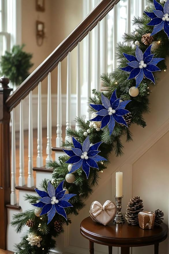 Hollyone 3PCS Poinsettia Christmas Flowers Artificial 11" Large Velvet Blue Glitter Poinsettia Flowers Christmas Tree Ornaments Floral Picks for Tree Wreath Garland Vase Table Centerpiece Home Decor