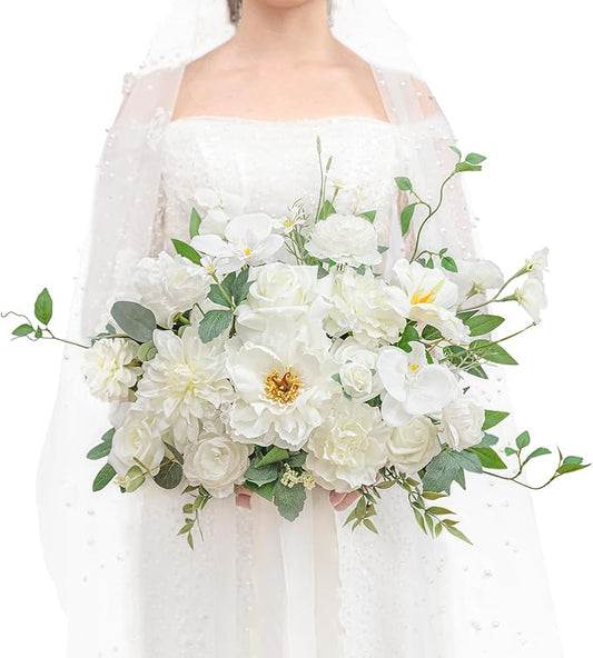 TINGE TIME 13 Inch Wedding Bouquets for Bride,Bridal Bouquet for Bride, Artificial Silk Flowers for Wedding Ceremony and Anniversary (IvoryWhite)