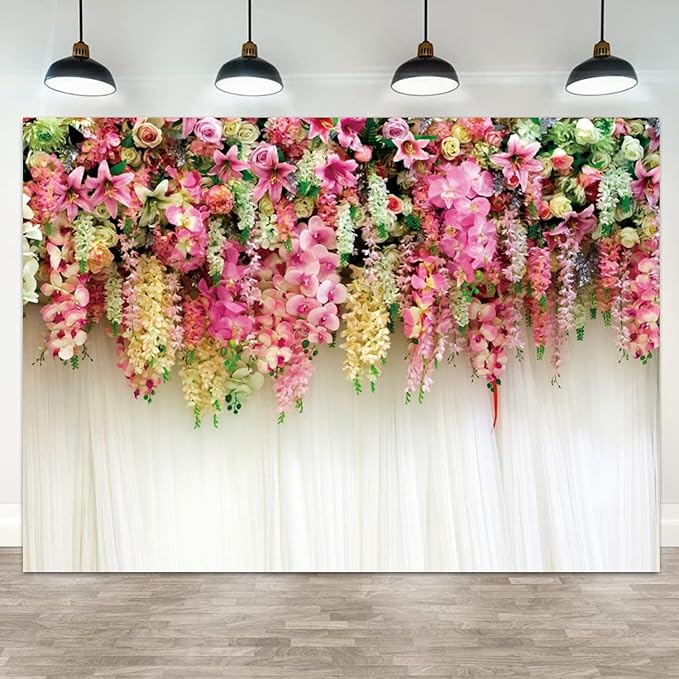 5x3ft Pink Floral Backdrop White Curtain Wedding Reception Photography Background Colorful Flowers Anniversary Bridal Shower Decorations Birthday Party Baby Shower Portrait Photo Booth Prop