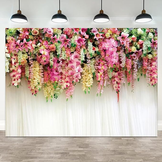 12x8ft Pink Floral Backdrop White Curtain Wedding Reception Photography Background Colorful Flowers Anniversary Bridal Shower Decorations Birthday Party Baby Shower Portrait Photo Booth Prop