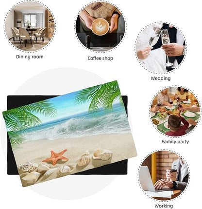 Starfish Beach Placemats, Leisure Summer Time Waves Tropical Palm Elm Sand Starfish Seashells Nautical Print Washable Fabric Placemats Table Kitchen Dining Party 12x18 Inch Set of 4