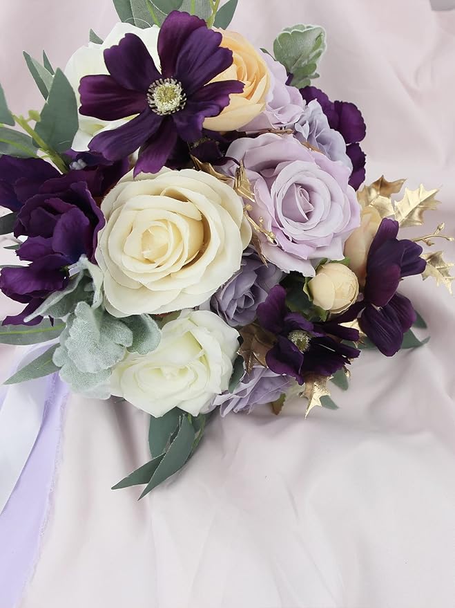 Rinlong Wedding Bouquet for Bride 11" Violet Purple Bridal Bouquets Artificial Flowers Purple Silk Wedding Proposal Bouquet