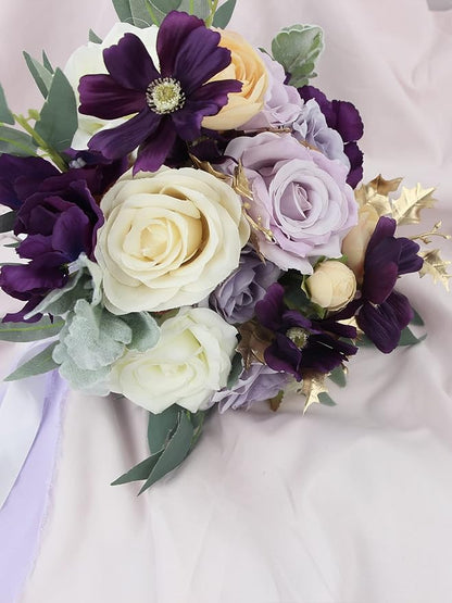 Rinlong Wedding Bouquet for Bride 11" Violet Purple Bridal Bouquets Artificial Flowers Purple Silk Wedding Proposal Bouquet