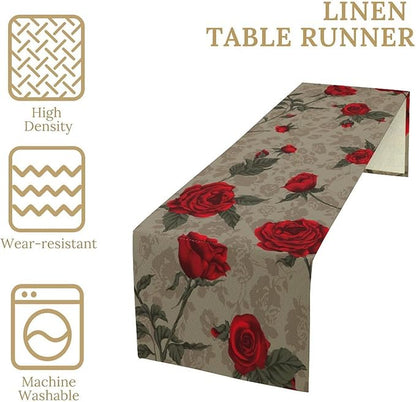 Red Rose Print Table Runner, Romantic Vintage Rose Spring Summer Dinner Runner Table Decoration for Home Kitchen Dining Holiday Wedding Party 13x108in