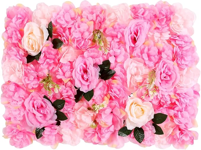 Flower Wall Panel Floral Backdrop,12 Pack Flower Wall Decor,Silk Rose Wall, Artificial Flower Backdrop Faux Flower Panel for Wedding (12PCS Dahlia, Rose)
