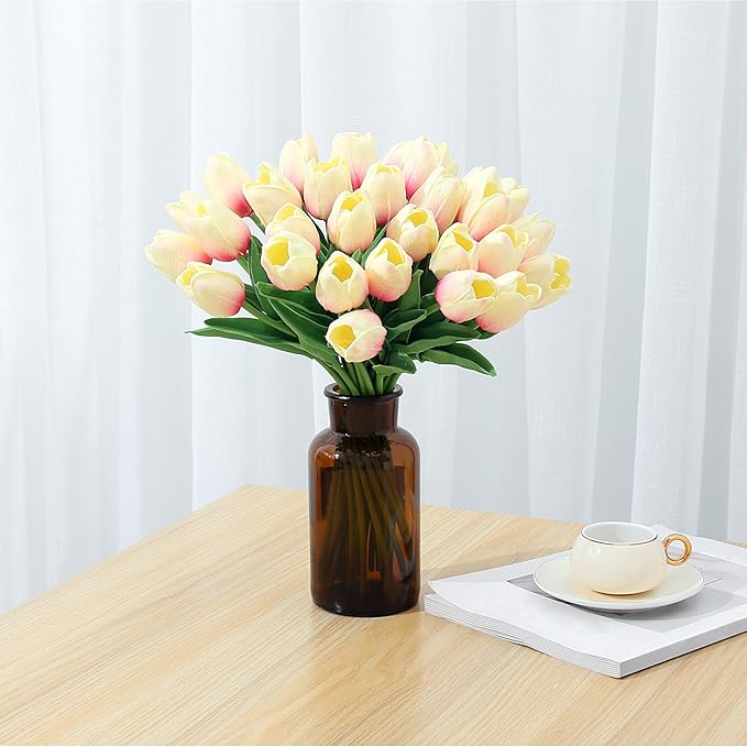 SITUMEIZI 15pcs Tulips Fake Pink Artificial Flowers Real Touch 14" Silk Flower for Home Decor Spring Easter Wedding Bouquet Decorations Gifts(Creamy Pink)