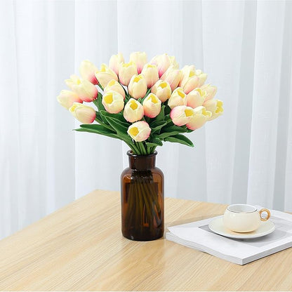 SITUMEIZI 15pcs Tulips Fake Pink Artificial Flowers Real Touch 14" Silk Flower for Home Decor Spring Easter Wedding Bouquet Decorations Gifts(Creamy Pink)