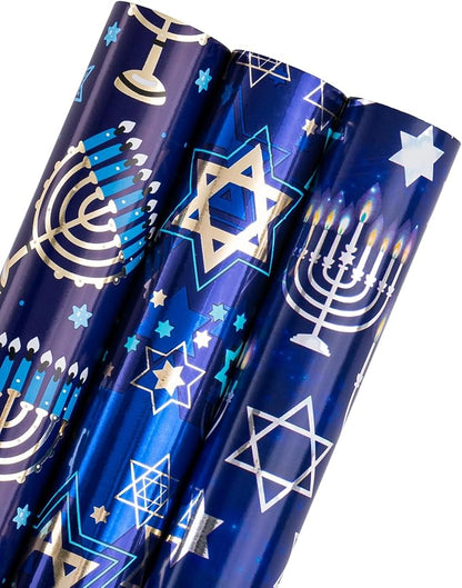 WRAPAHOLIC Hanukkah Wrapping Paper - 3 Rolls, 17 Inch x 120 Inch Each - Blue Menorah and Star of David Design with Metallic Foil Shine