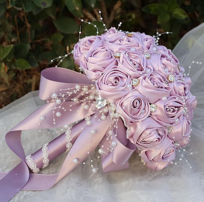 Bridal Wedding Bouquet Round Bling Brooch Bouquet Throw Toss Artificial Rose Flower Bunch for Bride Bridesmaid Wedding Quinceanera(Light Taro Purple, 9.8")
