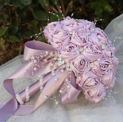 Bridal Wedding Bouquet Round Bling Brooch Bouquet Throw Toss Artificial Rose Flower Bunch for Bride Bridesmaid Wedding Quinceanera(Light Taro Purple, 7.5")