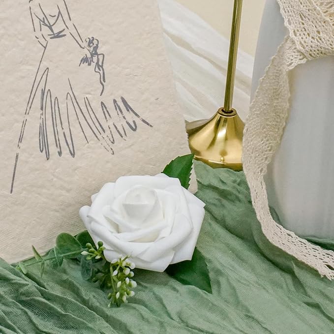 Artificial Flowers, 25pcs Sage Green Artificial Rose for DIY Wedding Bouquets Centerpieces Arrangements, Sage Green and White Dahlia Flowers with Stem for Bridal Shower Party Home Decorations