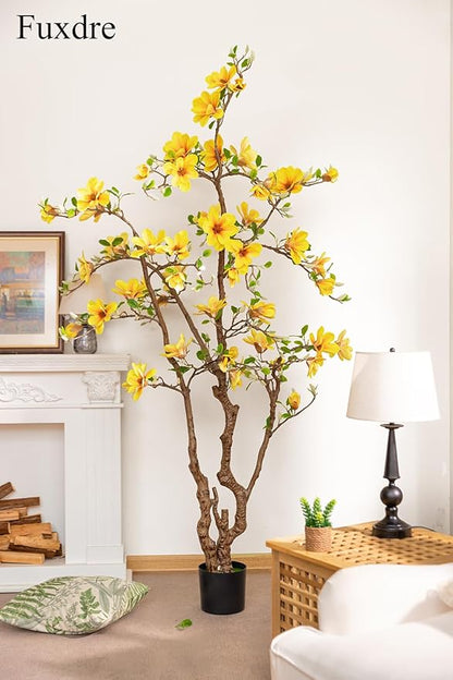 Faux Magnolia Tree 6.8 ft - with 57 Pcs Yellow Artificial Flowers - Tall Artificial Plants Indoor, Large Fake Plant Perfect Potted Magnolia Flower Decor for Living Room, Stairs, Shop, Study Room